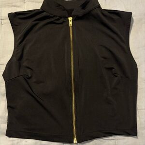 Black Sleeveless Zip-Front Tee with Gold Hardware